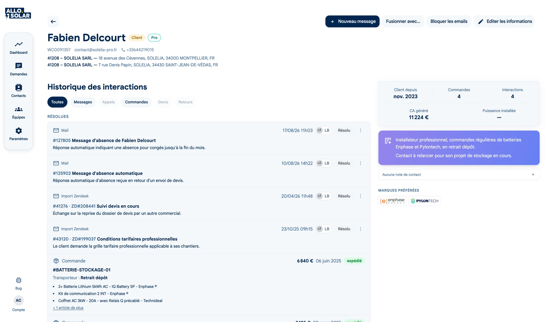 Fiche client du CRM AlloSolar : messages, appels, commandes et devis au même endroit