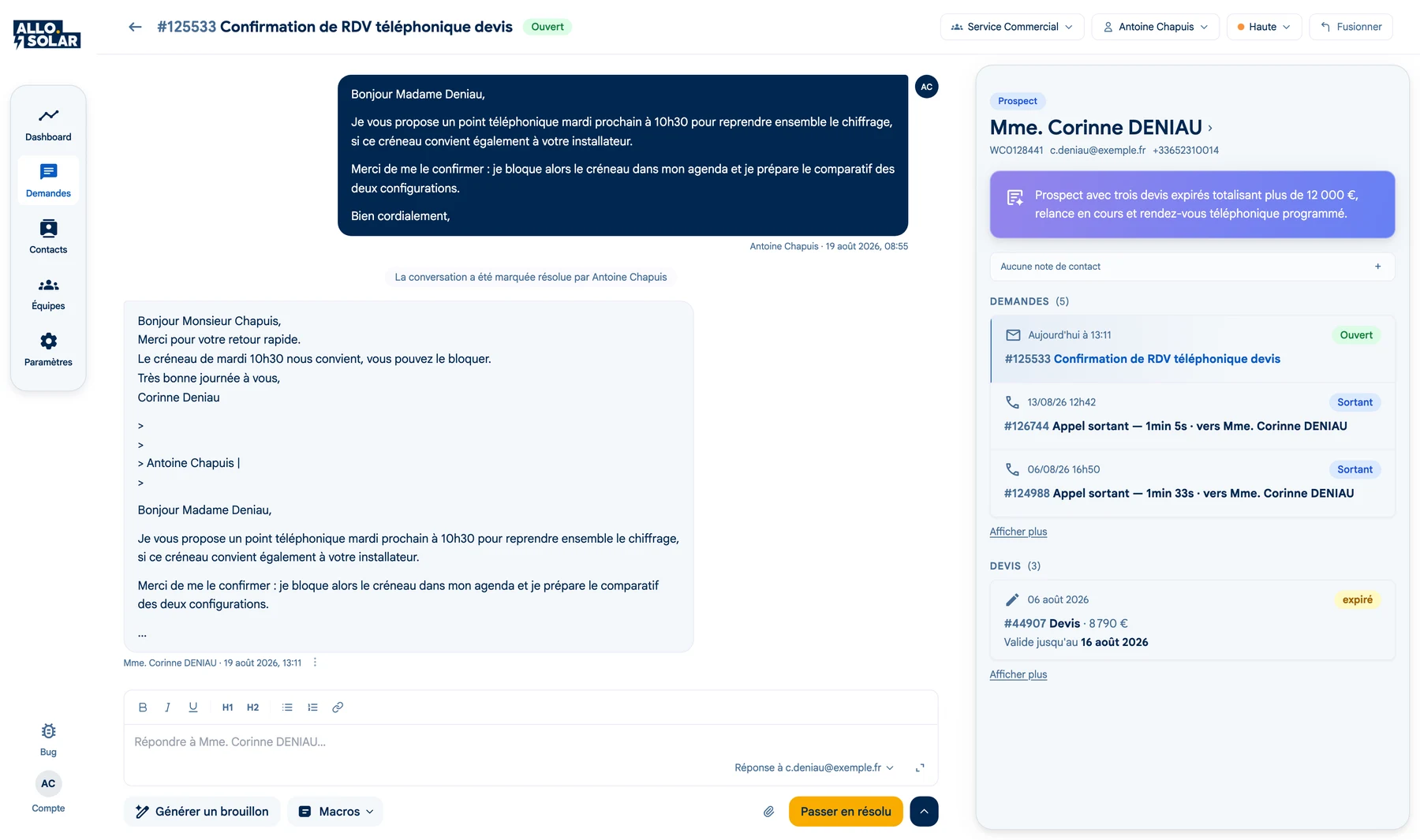 Conversation client dans AlloCRM