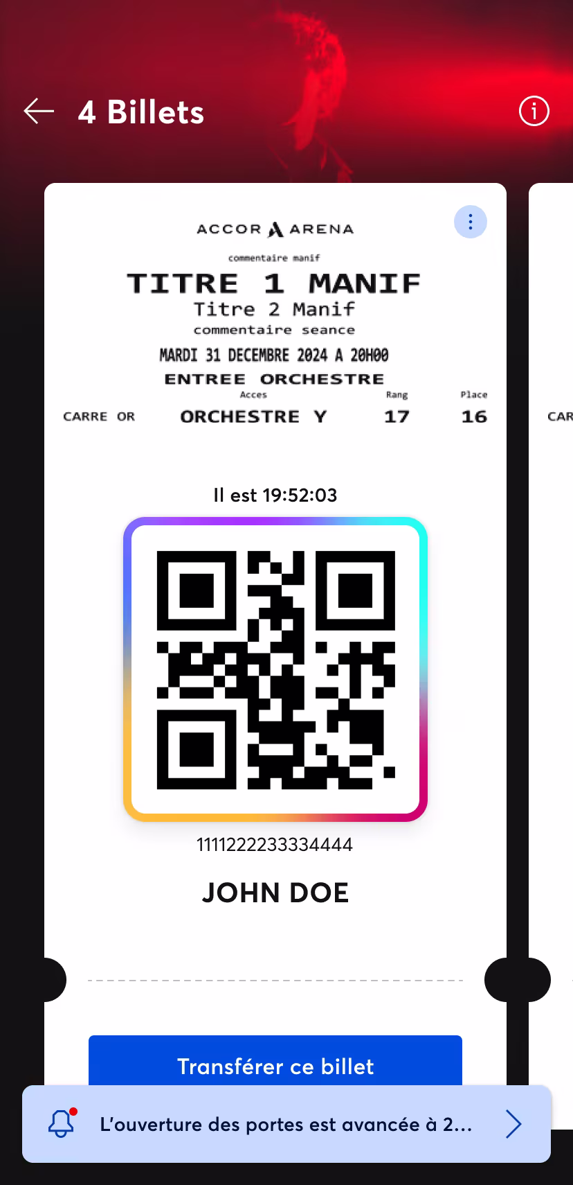 Billet à QR code et transfert de place dans FanWallet