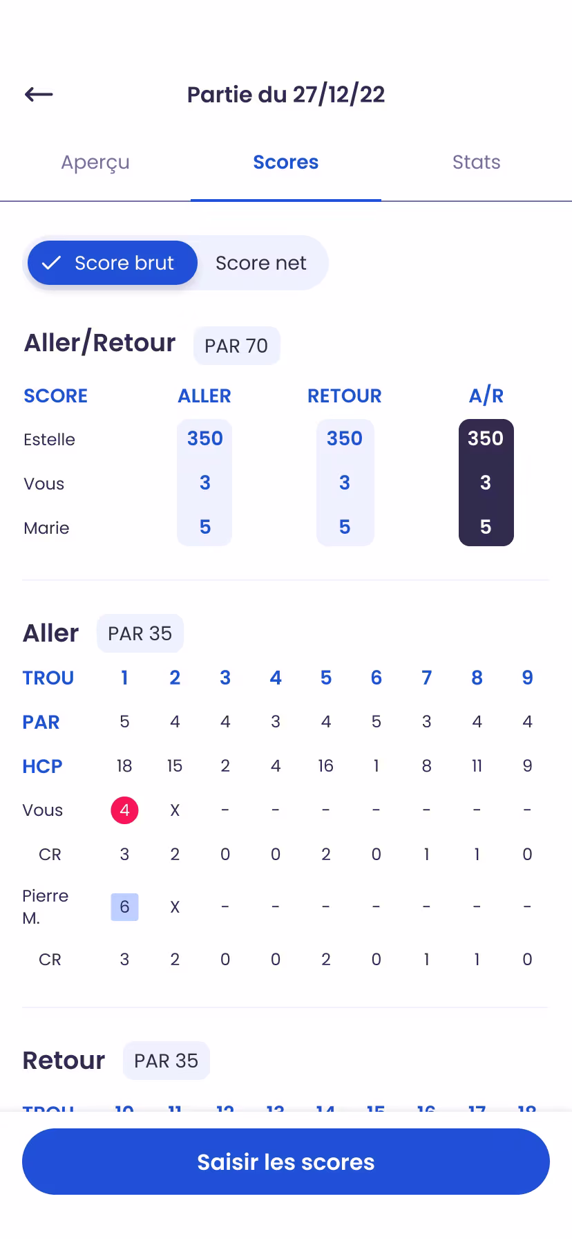 Carte de score détaillée d'une partie dans Kady