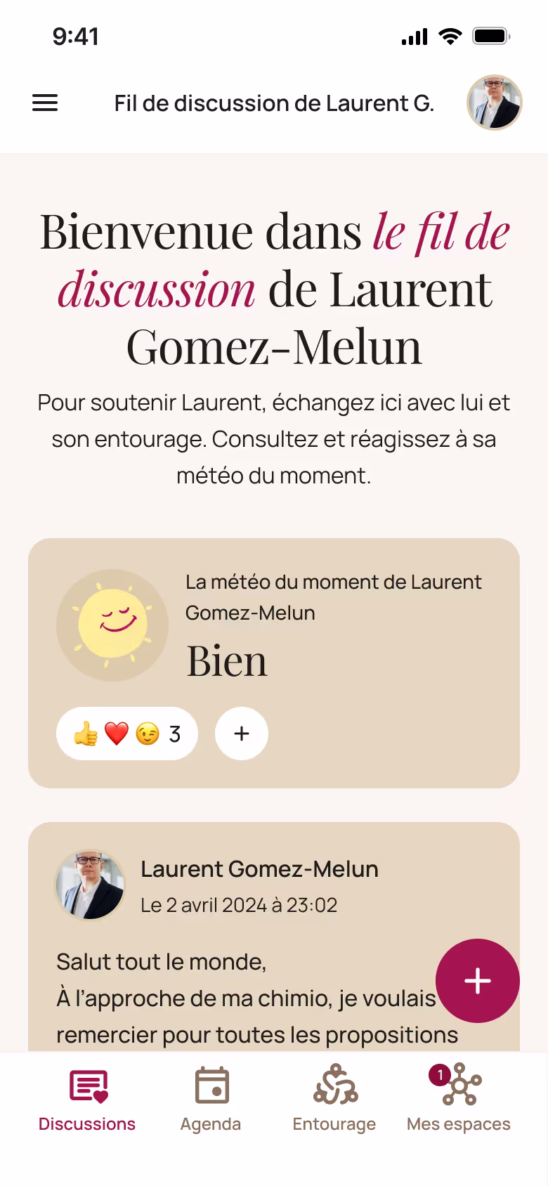 Fil de discussion d'un proche dans RoseApp